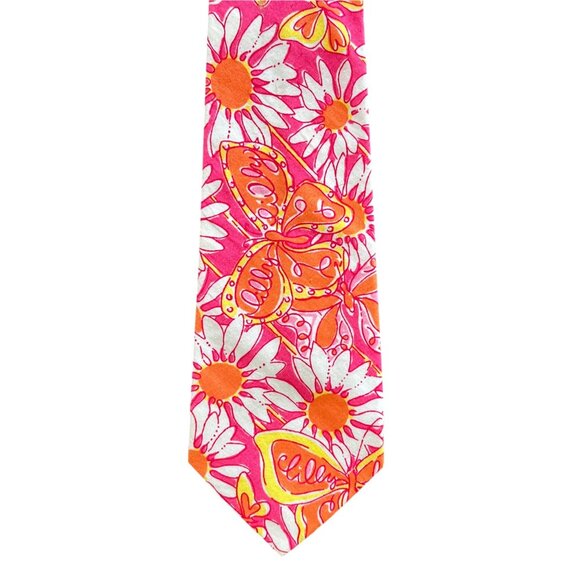 Lilly Pulitzer Vintage Pink Butterfly Daisy White Label Mens Tie - Picture 2 of 5